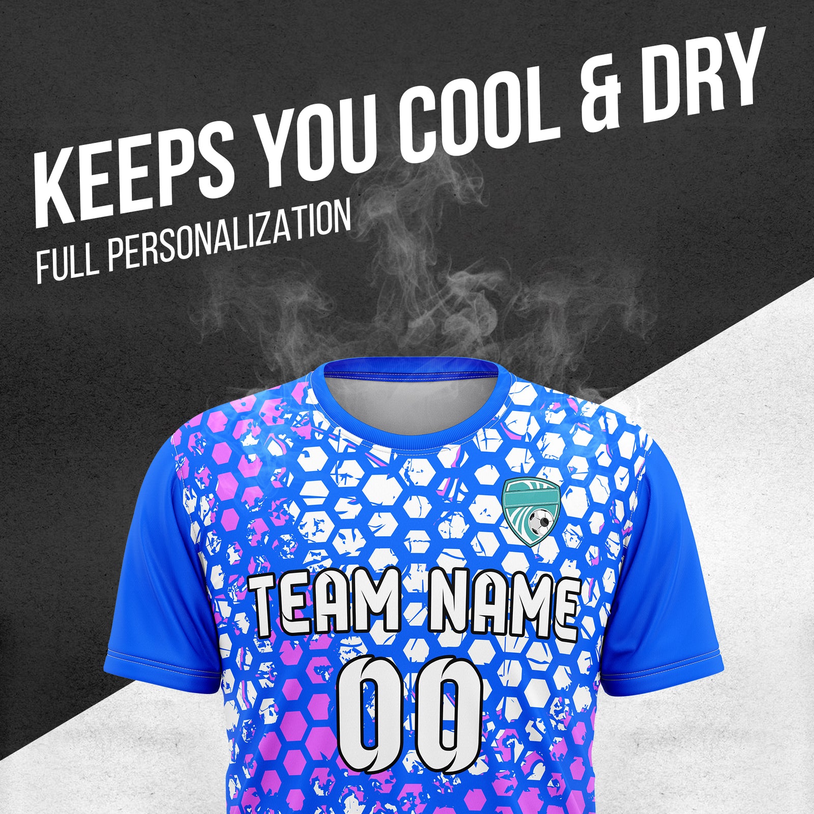 Custom Soccer Blue Round Neck Hex Pattern Sports Tops Jersey