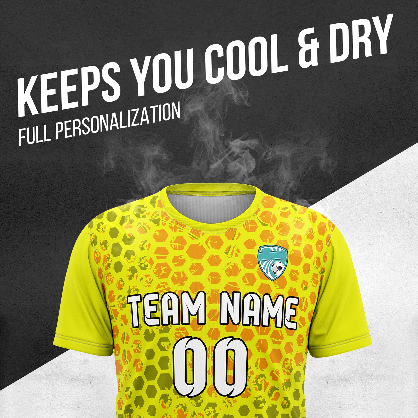Custom Soccer Yellow Round Neck Hex Pattern Sports Tops Jersey
