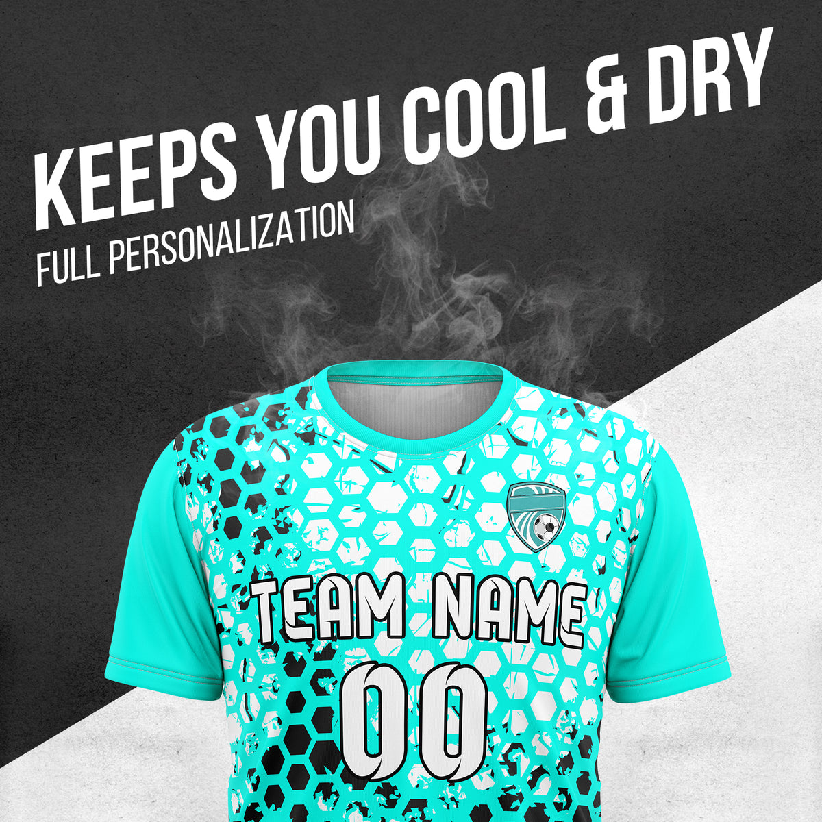 Custom Soccer Aqua Round Neck Hex Pattern Sports Tops Jersey