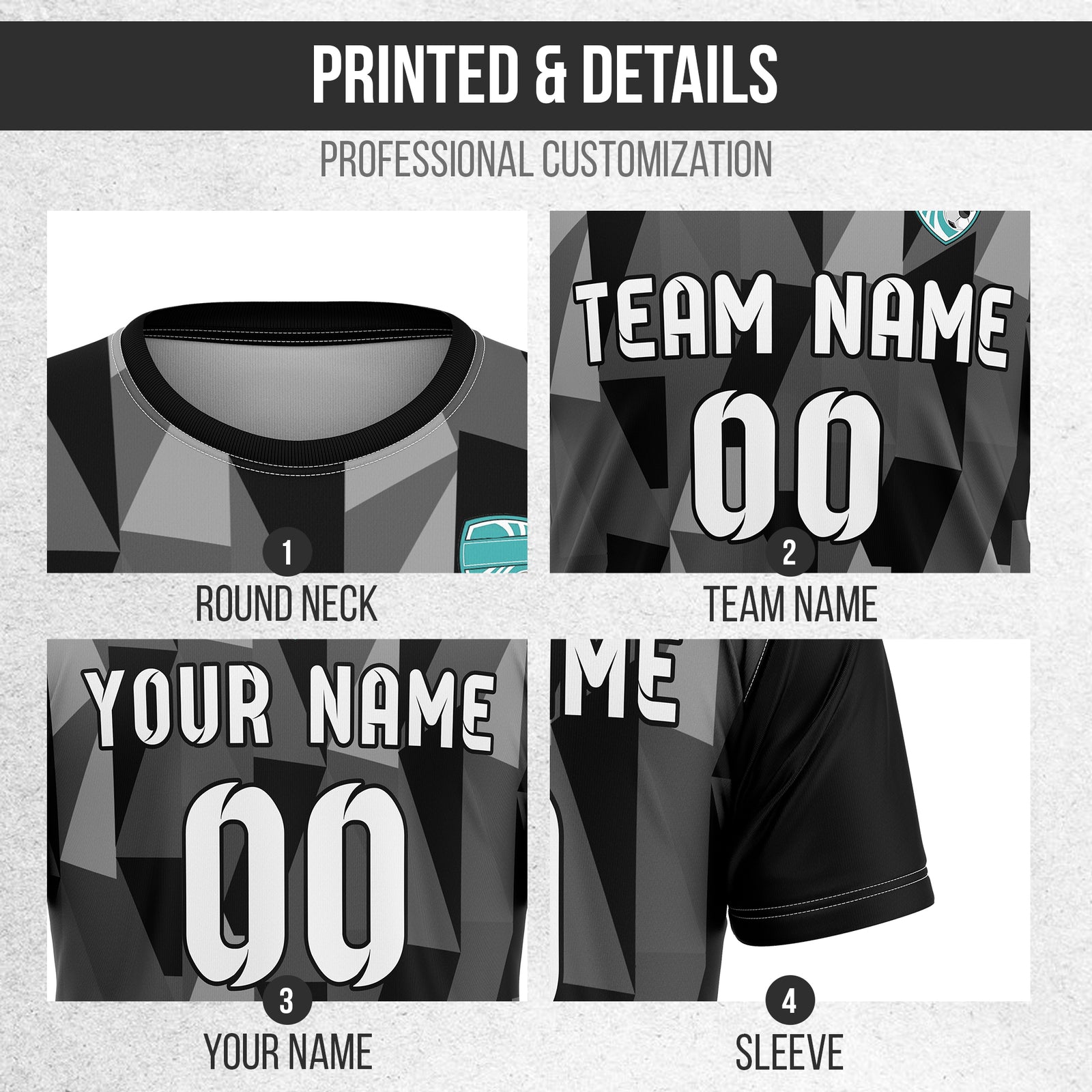 Soccer Jersey - Round Neck - Full Pattern - Design 3 - Black