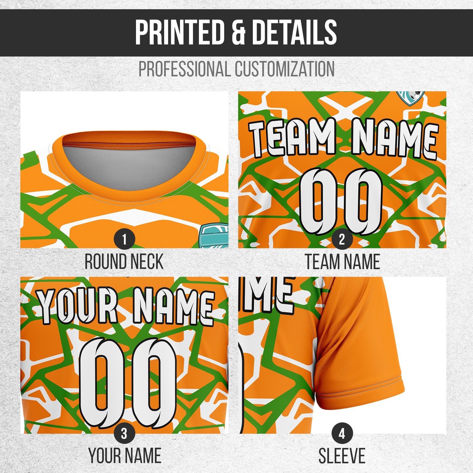 Soccer Jersey - Round Neck - Full Pattern - Design 5 - Orange