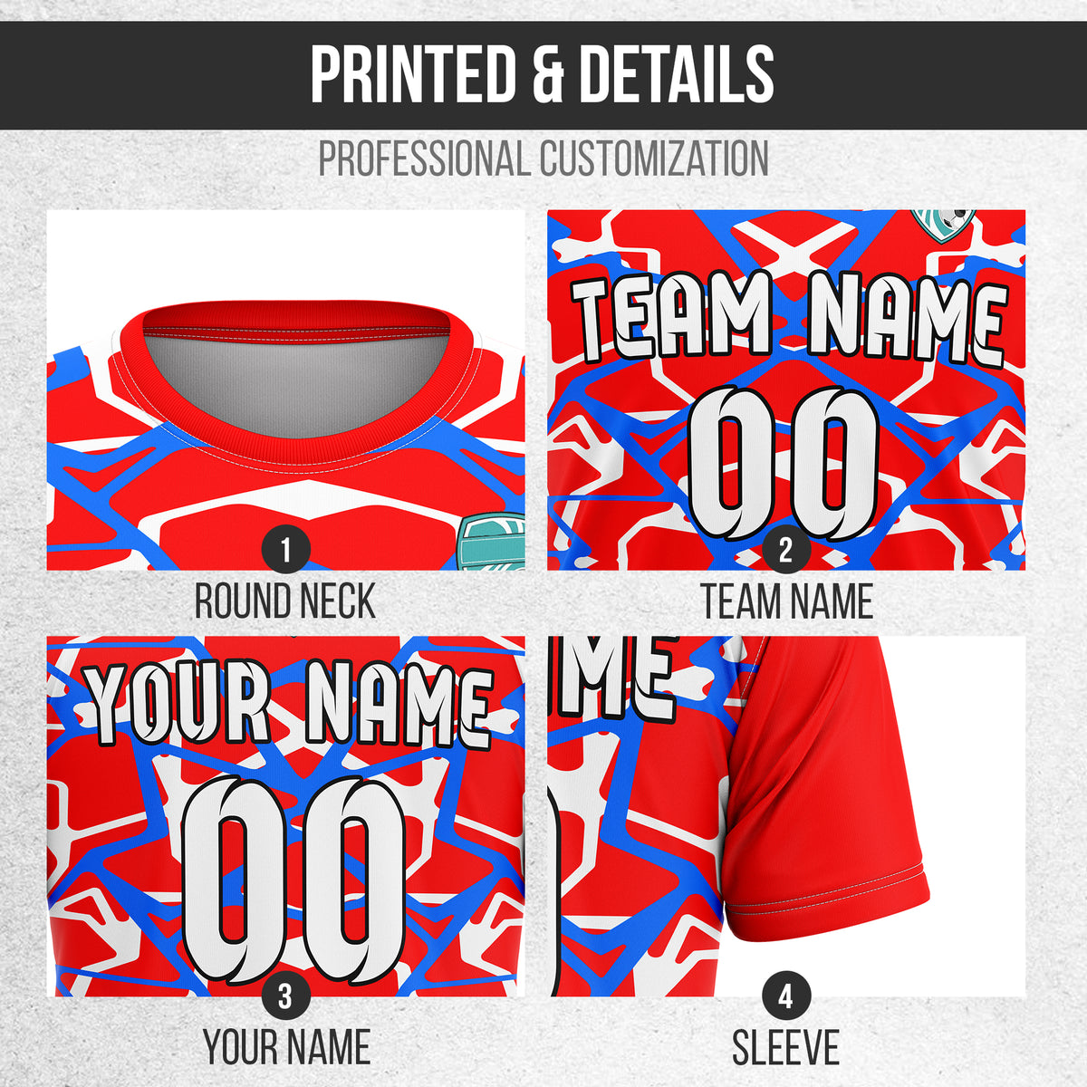 Soccer Jersey - Round Neck - Full Pattern - Design 5 - Red