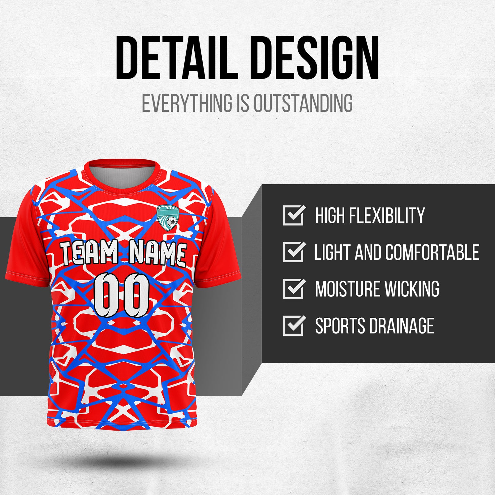 Soccer Jersey - Round Neck - Full Pattern - Design 5 - Red