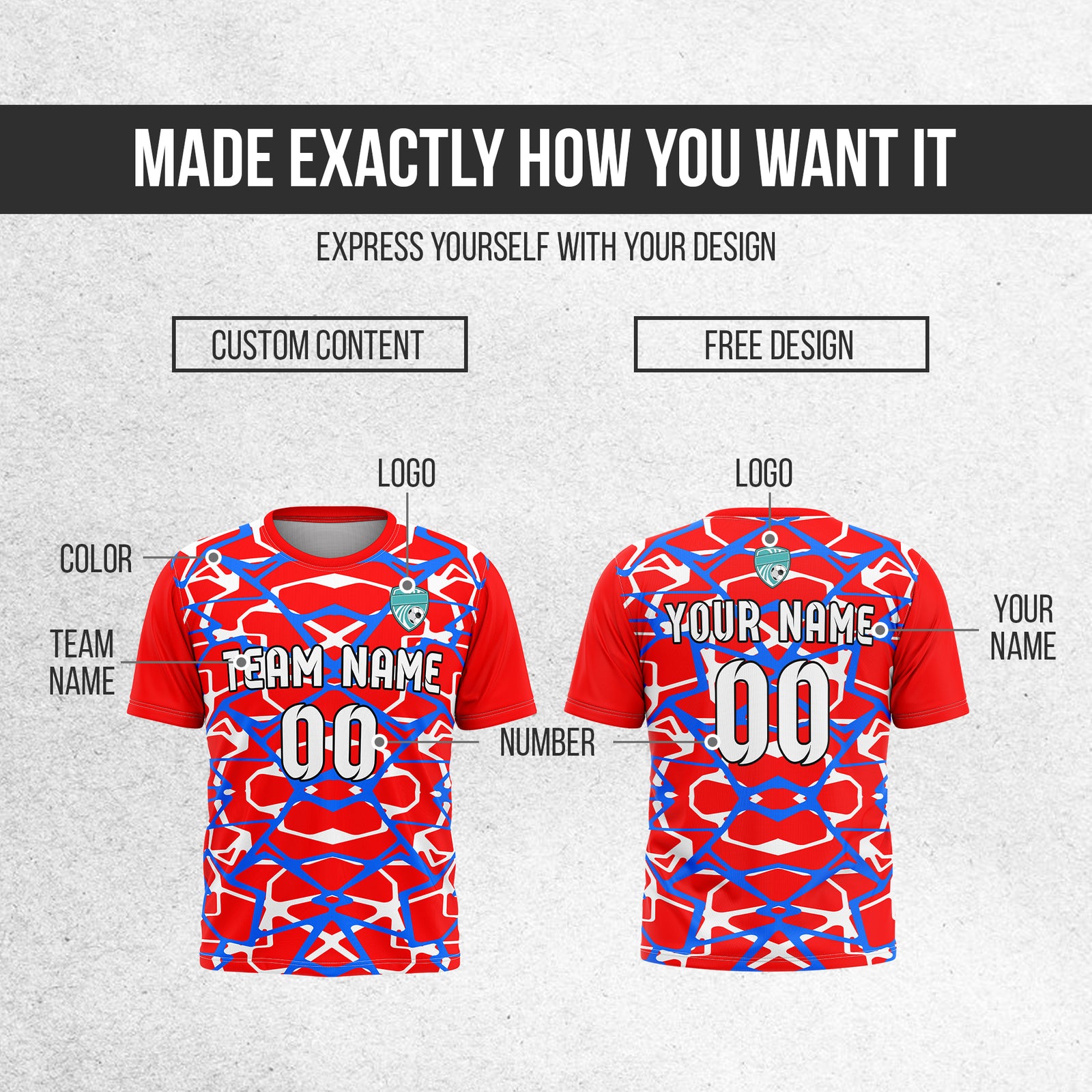 Soccer Jersey - Round Neck - Full Pattern - Design 5 - Red