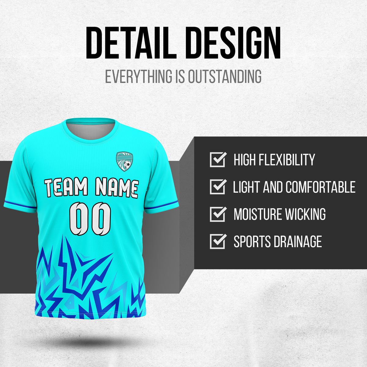 Soccer Jersey - Round Neck - Side Pattern - Design 1 - Aqua