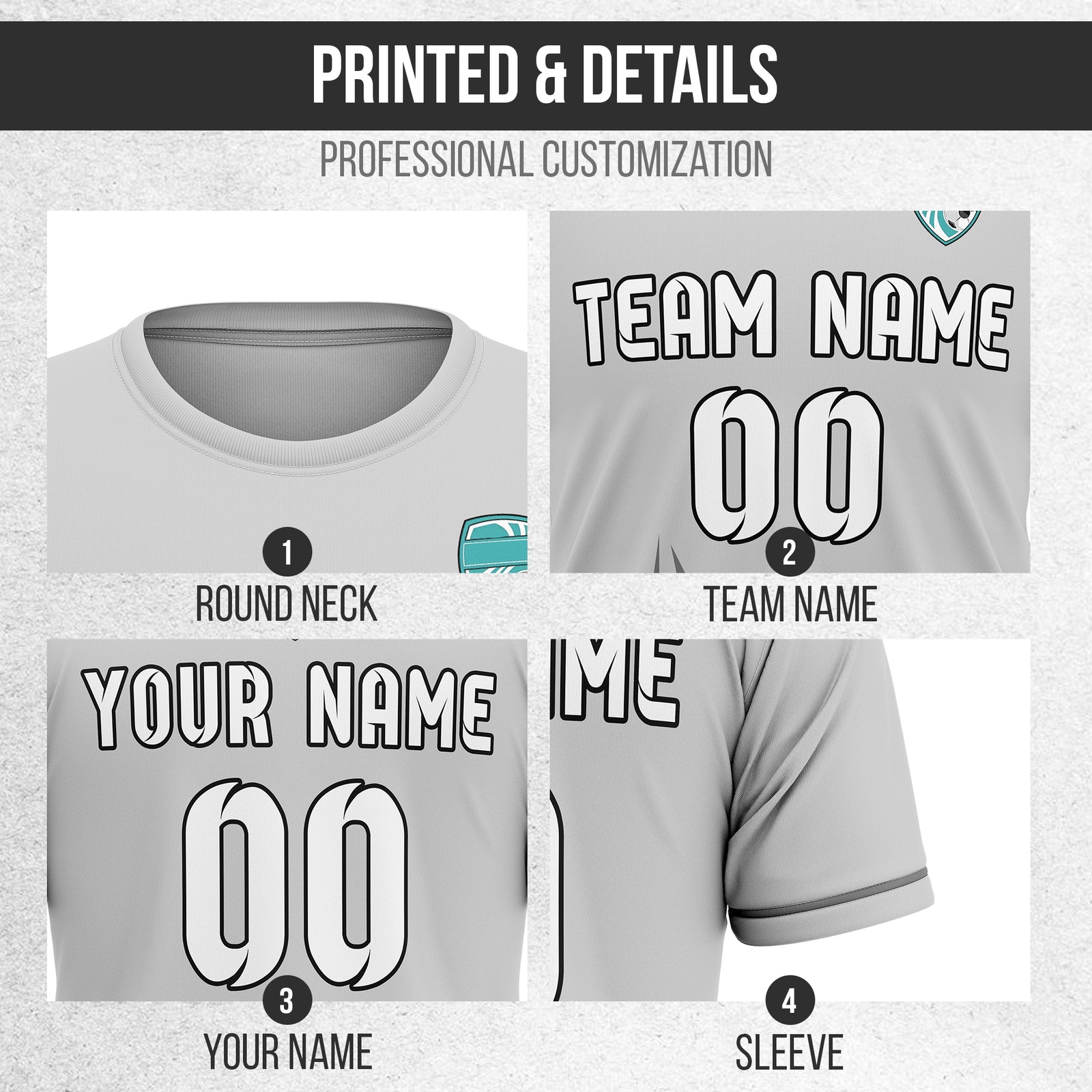 Soccer Jersey - Round Neck - Side Pattern - Design 1 - Grey