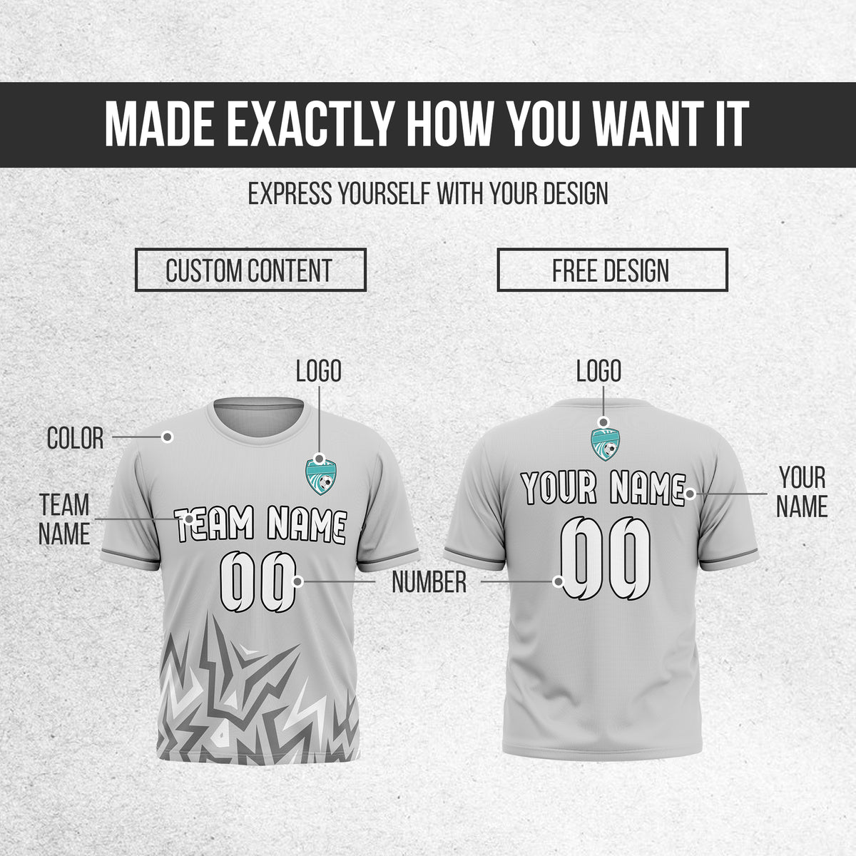 Soccer Jersey - Round Neck - Side Pattern - Design 1 - Grey