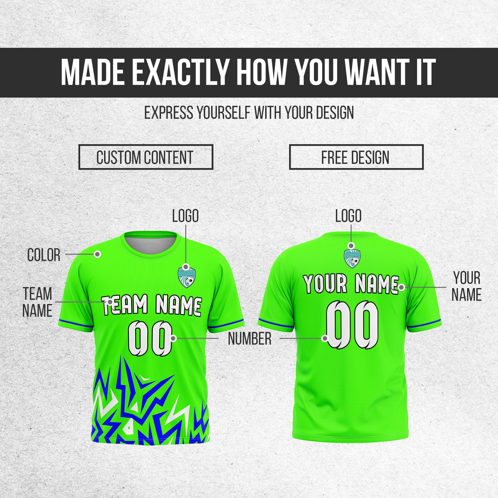 Soccer Jersey - Round Neck - Side Pattern - Design 1 - Neon Green
