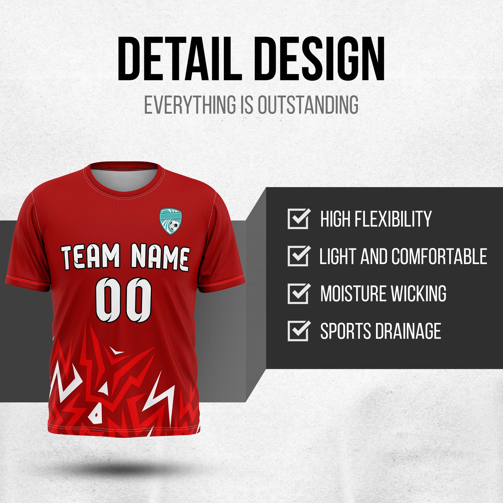 Soccer Jersey - Round Neck - Side Pattern - Design 1 - Red