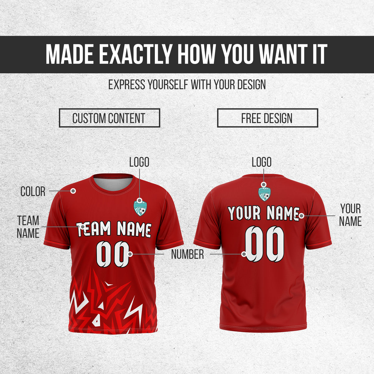 Soccer Jersey - Round Neck - Side Pattern - Design 1 - Red