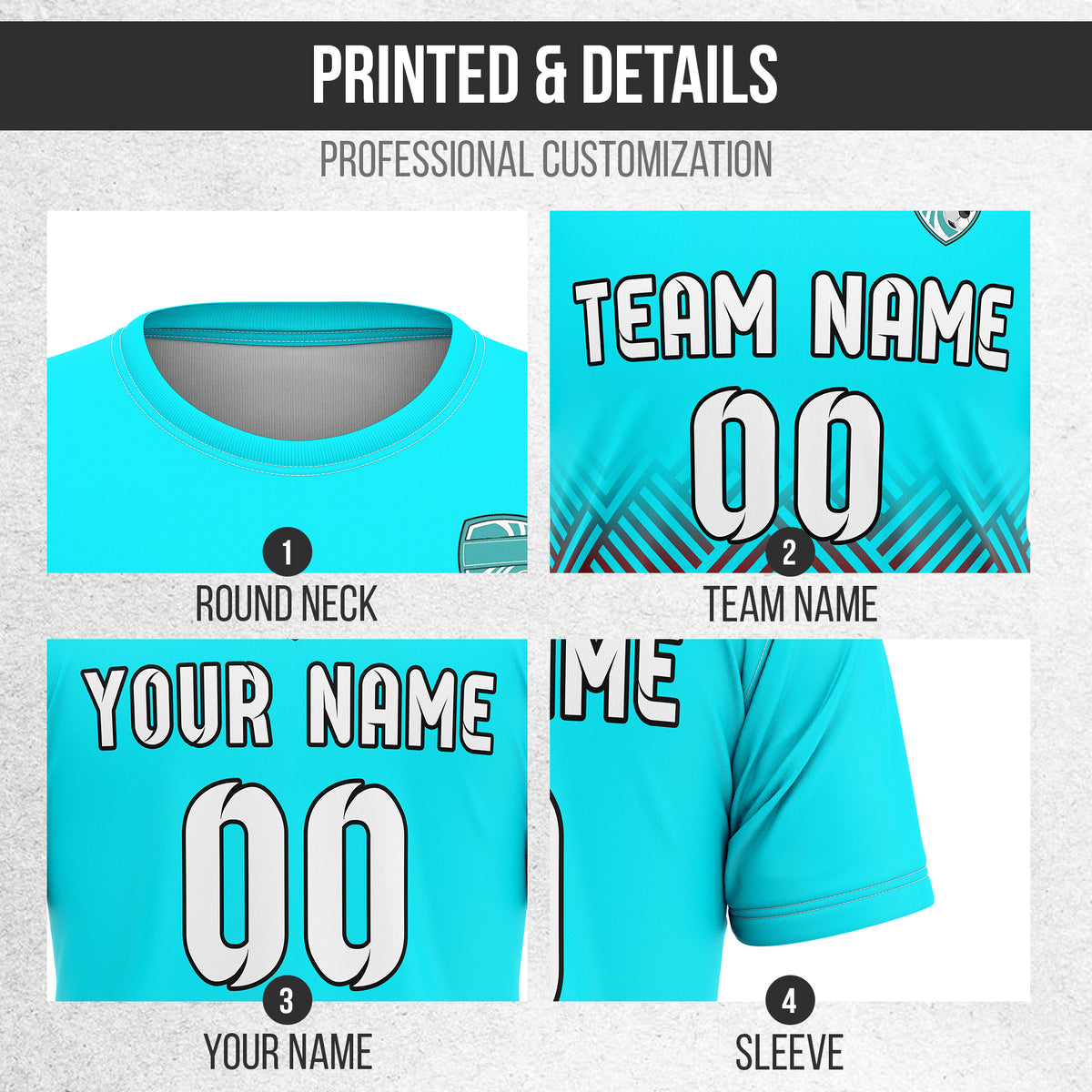 Soccer Jersey - Round Neck - Side Pattern - Design 2 - Aqua