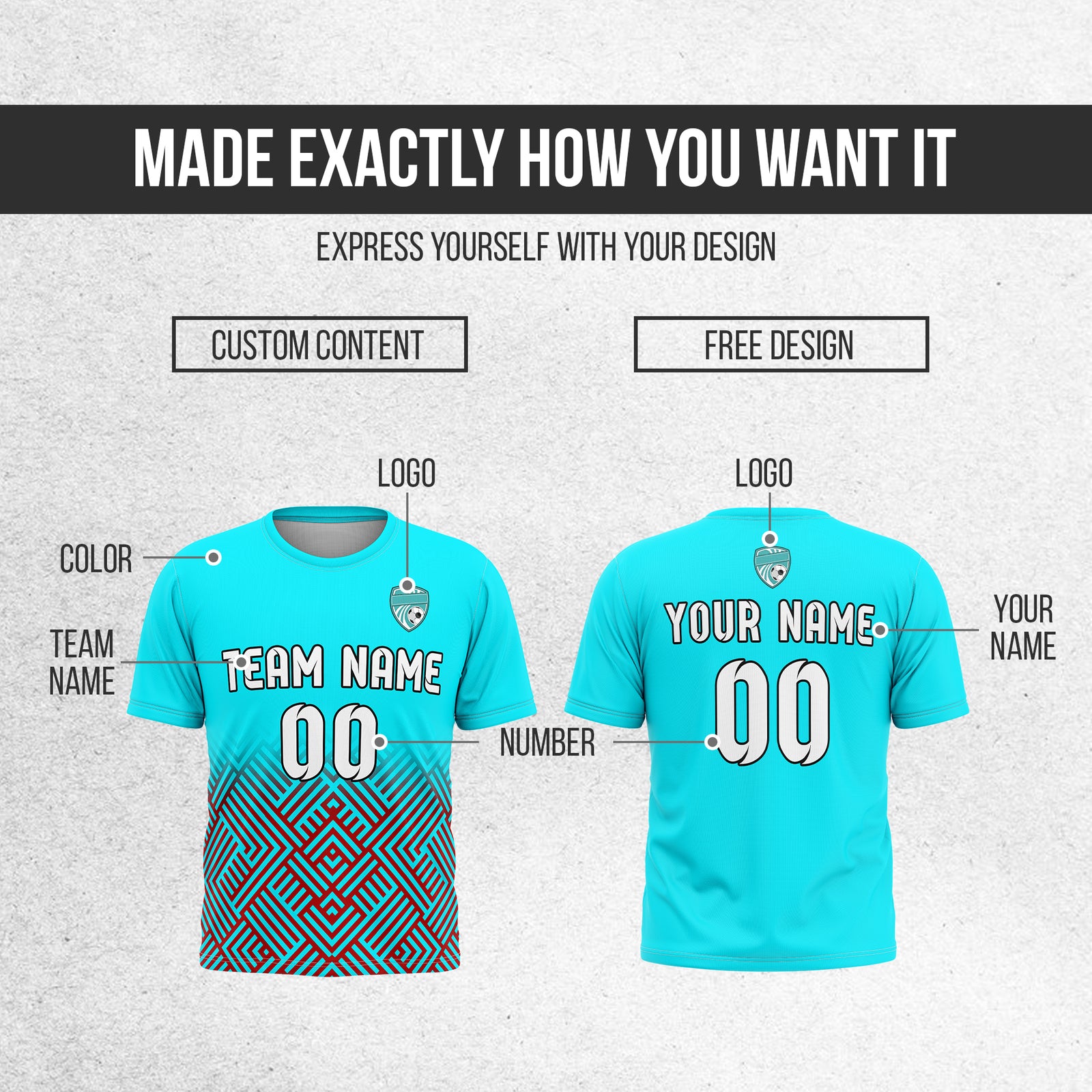 Soccer Jersey - Round Neck - Side Pattern - Design 2 - Aqua