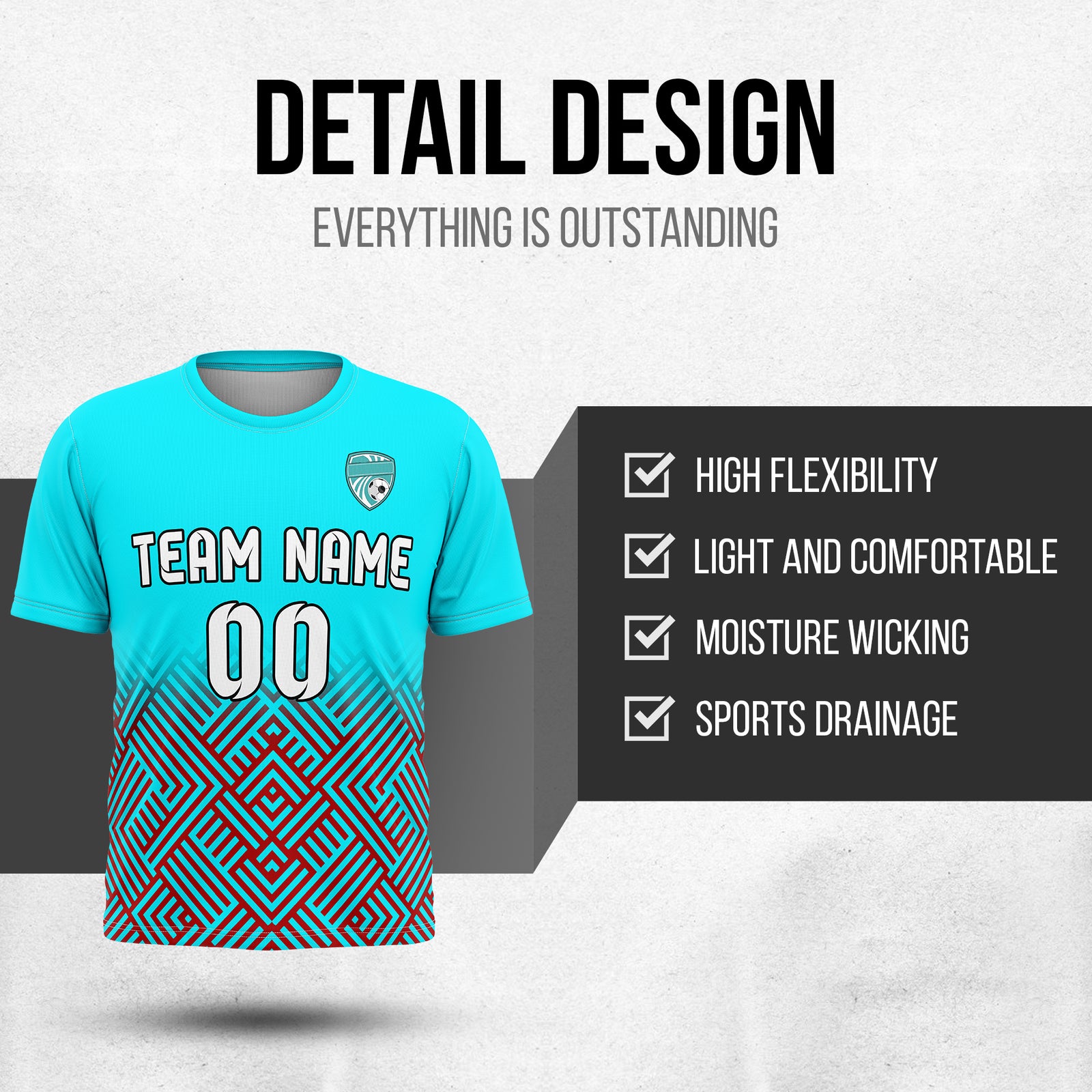 Soccer Jersey - Round Neck - Side Pattern - Design 2 - Aqua