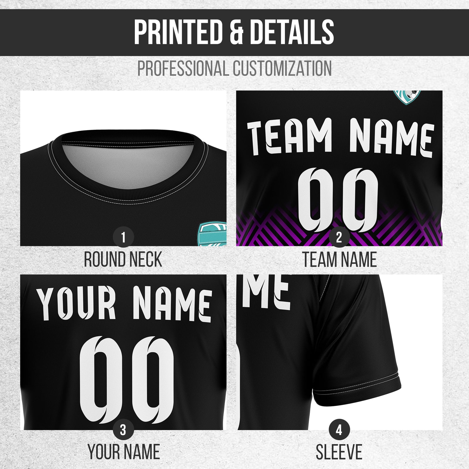 Soccer Jersey - Round Neck - Side Pattern - Design 2 - Black