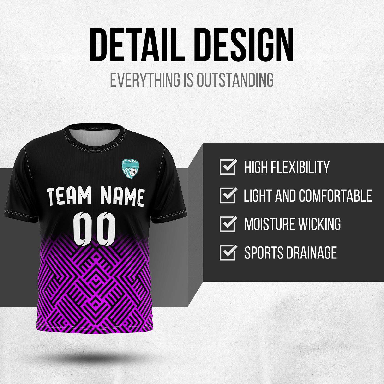 Soccer Jersey - Round Neck - Side Pattern - Design 2 - Black