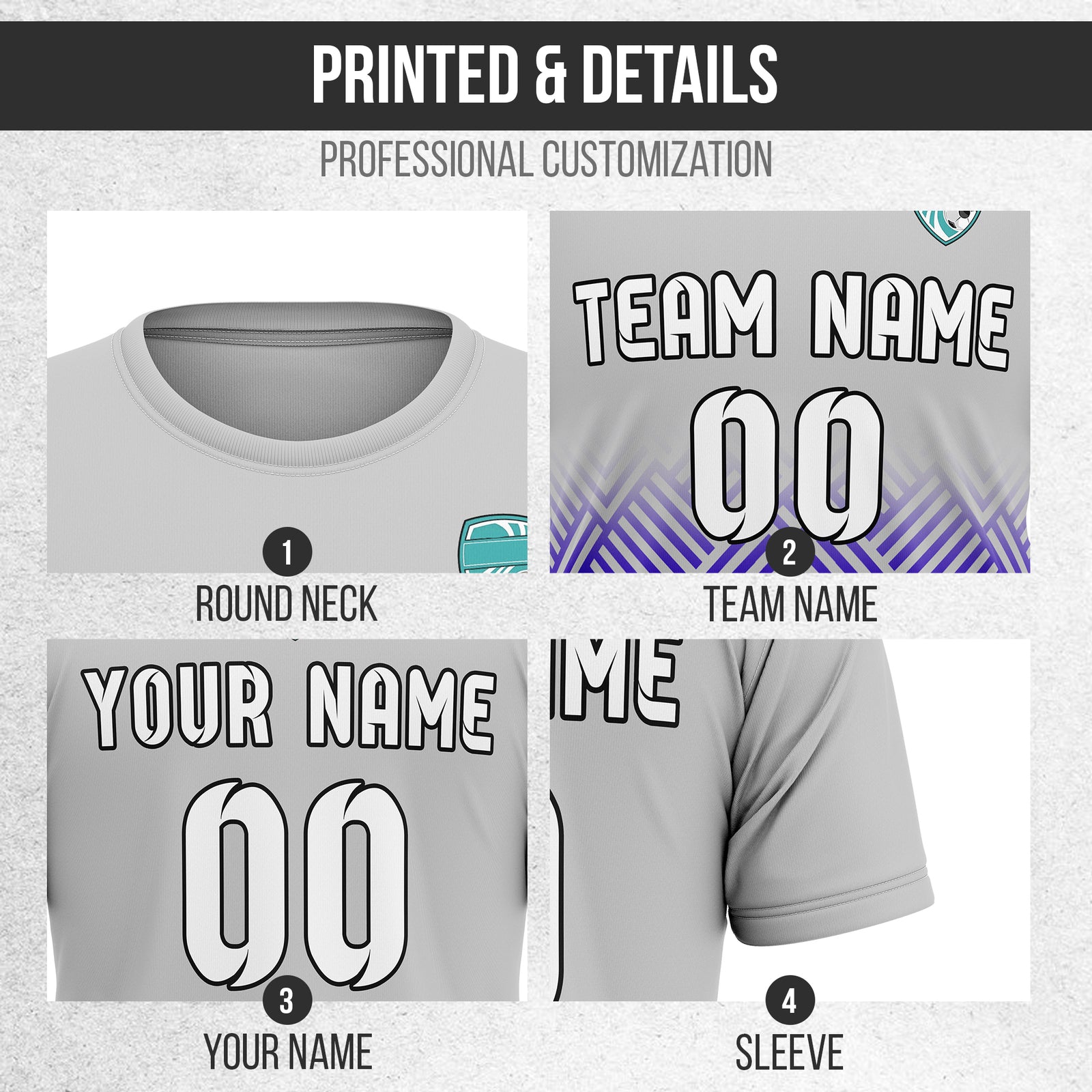 Soccer Jersey - Round Neck - Side Pattern - Design 2 - Grey