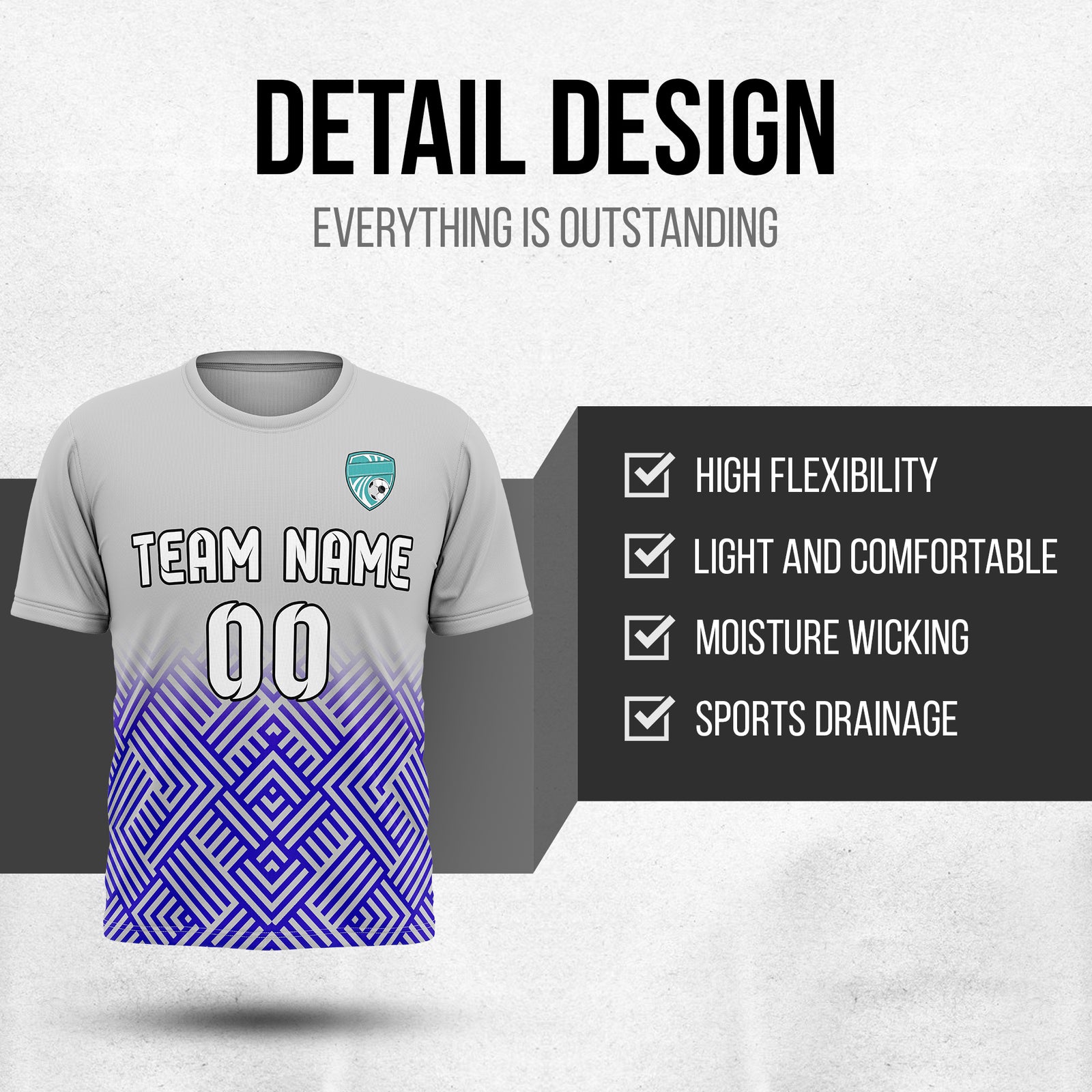 Soccer Jersey - Round Neck - Side Pattern - Design 2 - Grey