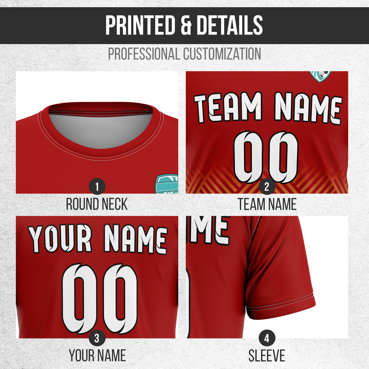 Soccer Jersey - Round Neck - Side Pattern - Design 2 - Red