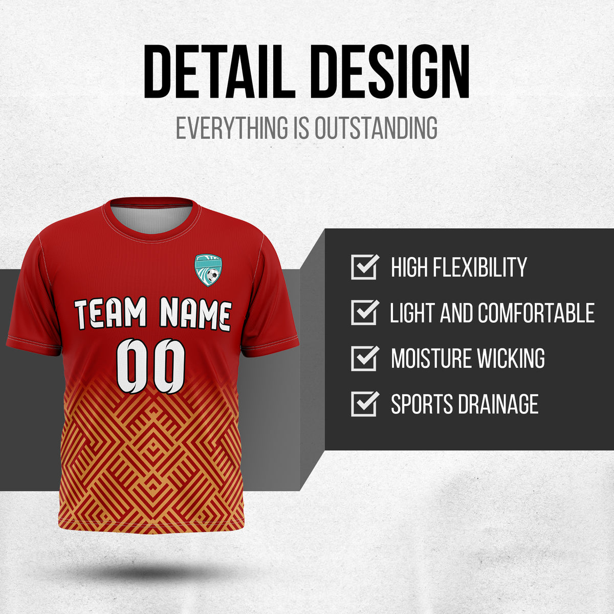 Soccer Jersey - Round Neck - Side Pattern - Design 2 - Red