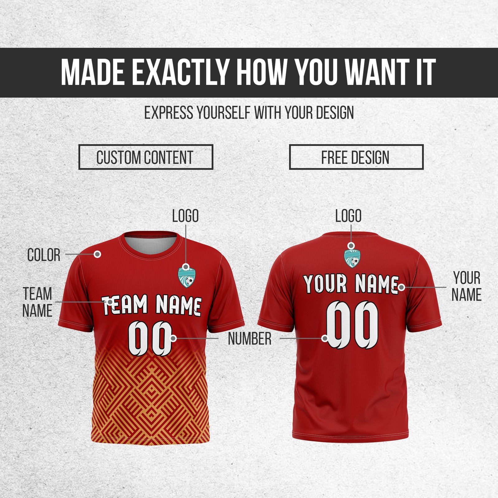 Soccer Jersey - Round Neck - Side Pattern - Design 2 - Red