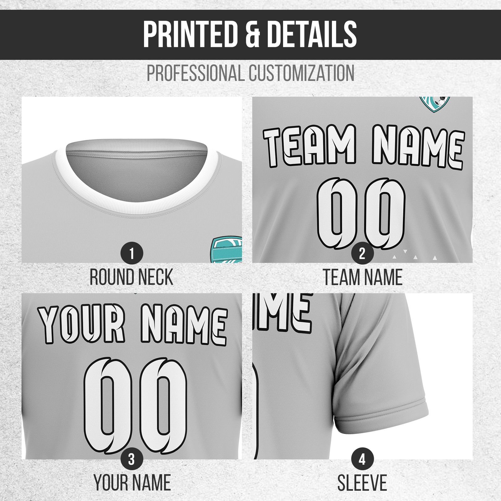 Soccer Jersey - Round Neck - Side Pattern - Design 3 - Grey