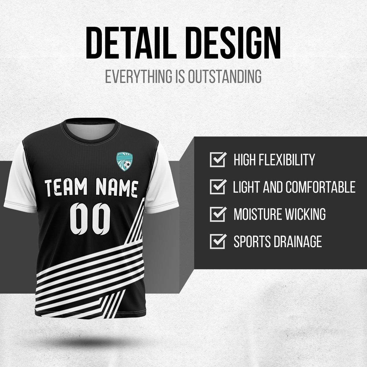 Soccer Jersey - Round Neck - Side Pattern - Design 4 - Black