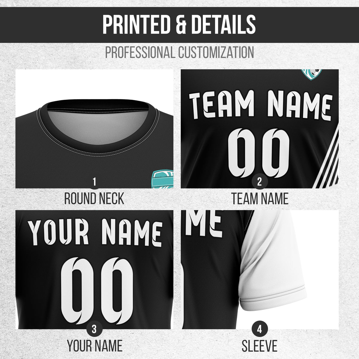 Soccer Jersey - Round Neck - Side Pattern - Design 4 - Black