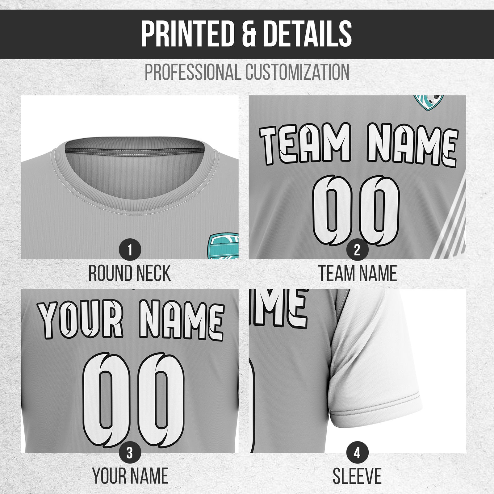 Soccer Jersey - Round Neck - Side Pattern - Design 4 - Grey