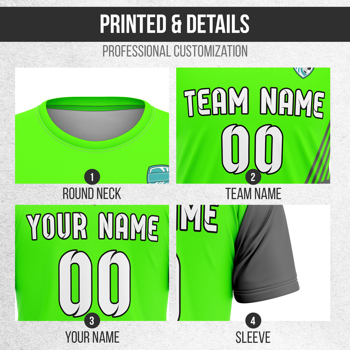 Soccer Jersey - Round Neck - Side Pattern - Design 4 - neon Green