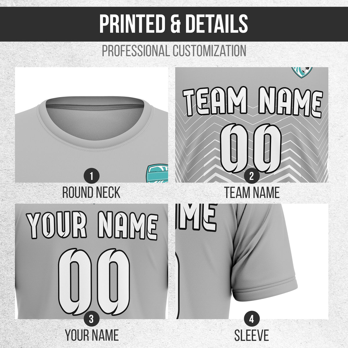 Soccer Jersey - Round Neck - Side Pattern - Design 5 - Grey