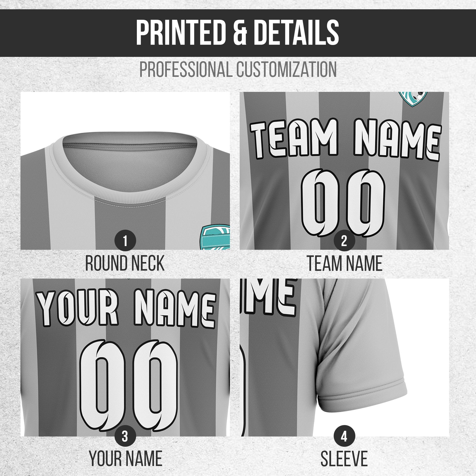 Soccer Jersey - Round Neck - Stripes - Design 1 - Grey