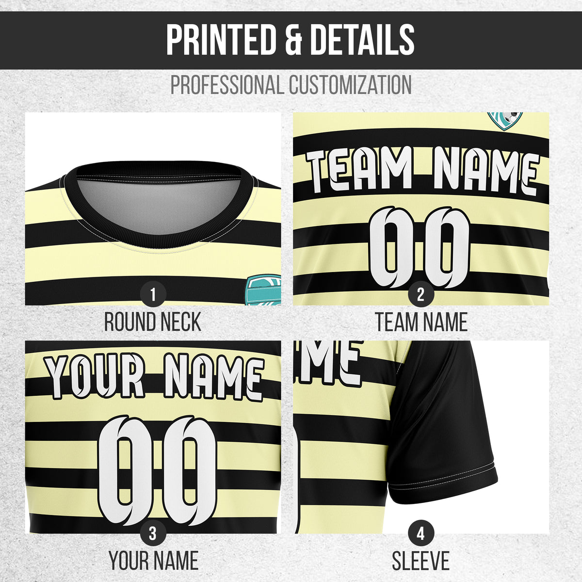 Soccer Jersey - Round Neck - Stripes - Design 2 - Black