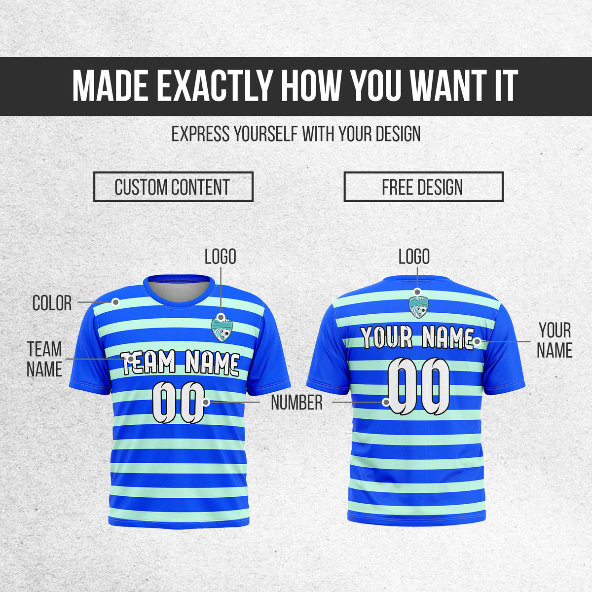 Soccer Jersey - Round Neck - Stripes - Design 2 - Blue