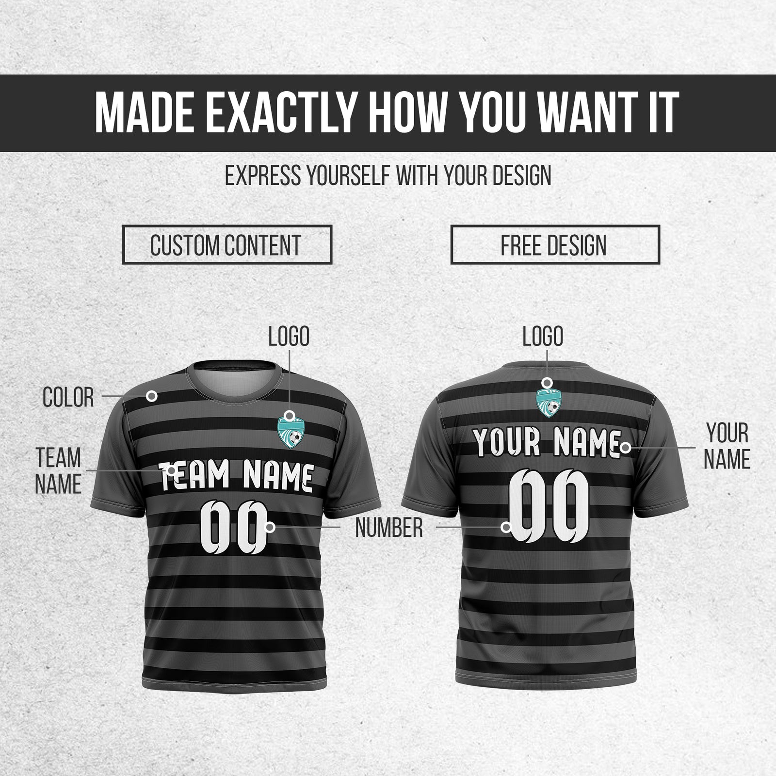 Soccer Jersey - Round Neck - Stripes - Design 2 - Dark Grey