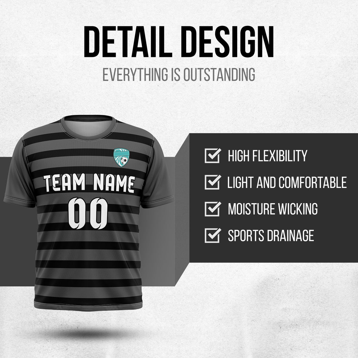 Soccer Jersey - Round Neck - Stripes - Design 2 - Dark Grey