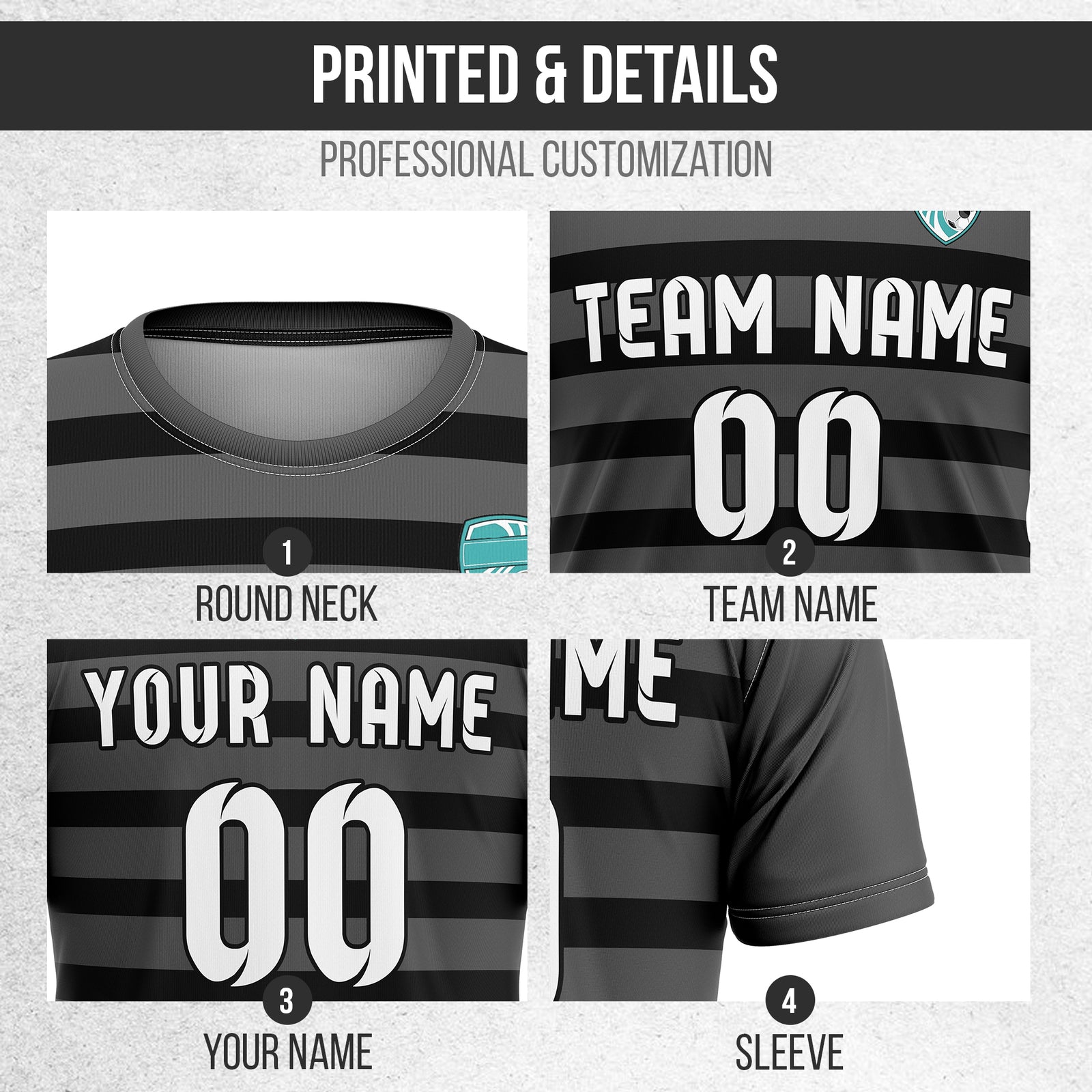 Soccer Jersey - Round Neck - Stripes - Design 2 - Dark Grey