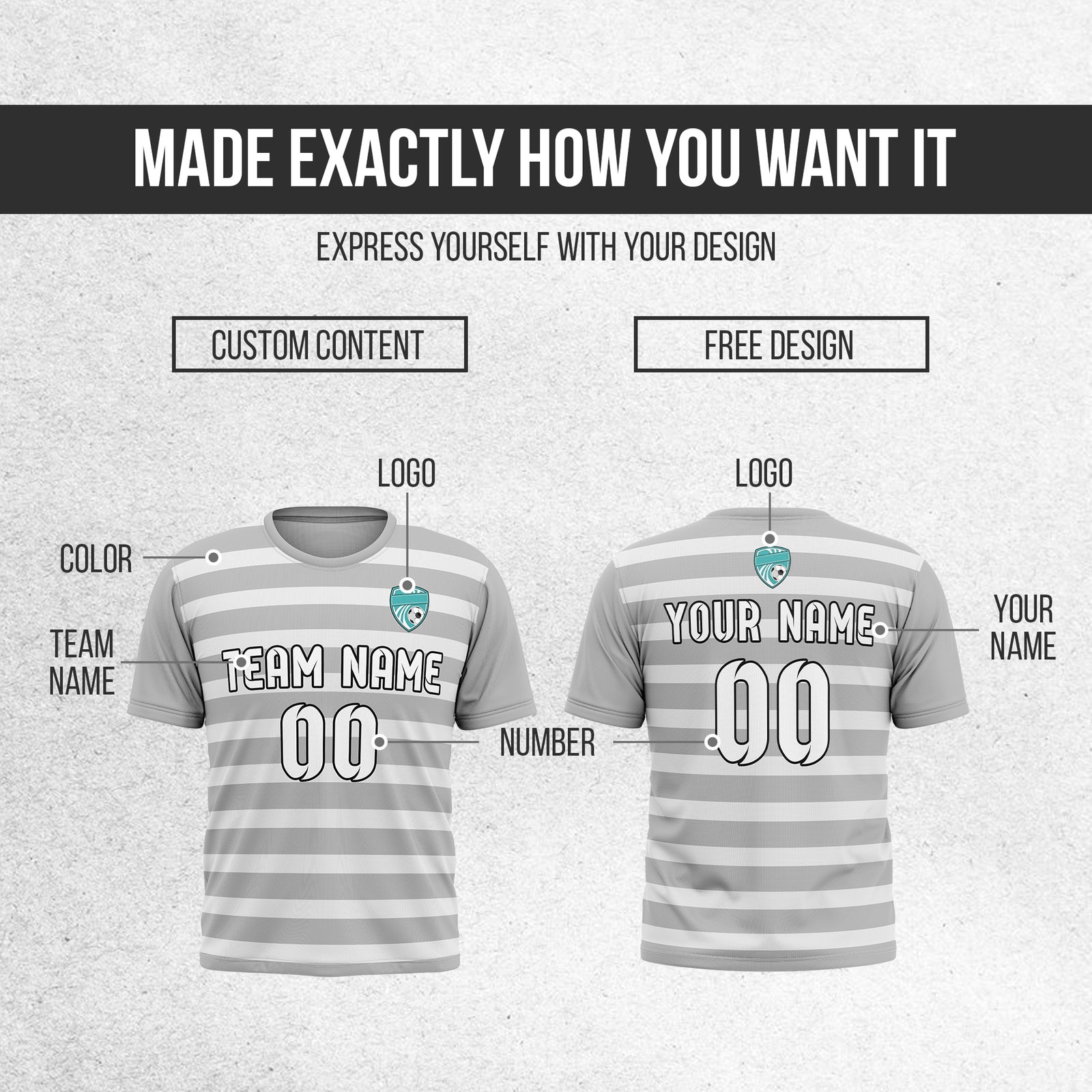 Soccer Jersey - Round Neck - Stripes - Design 2 - Grey