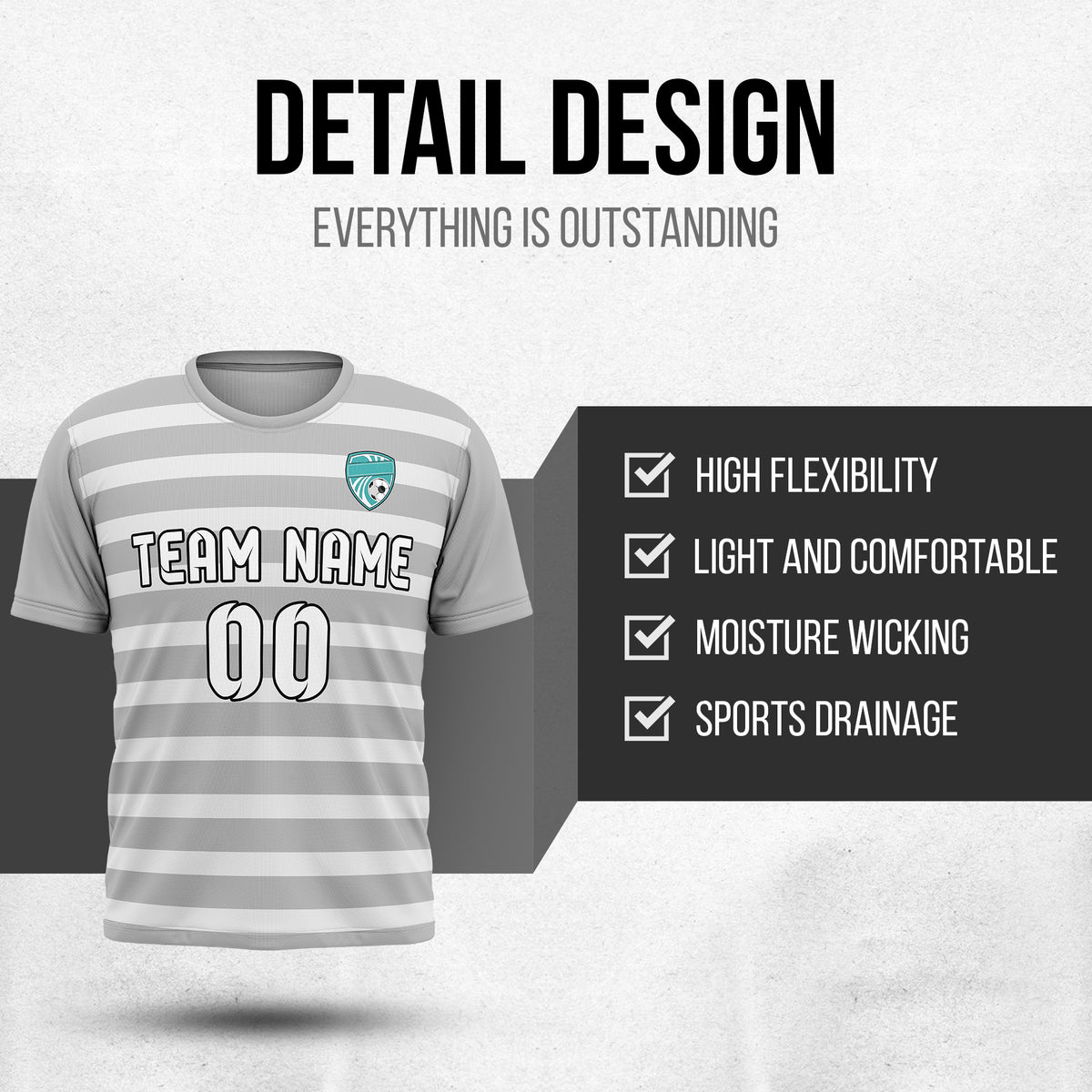 Soccer Jersey - Round Neck - Stripes - Design 2 - Grey