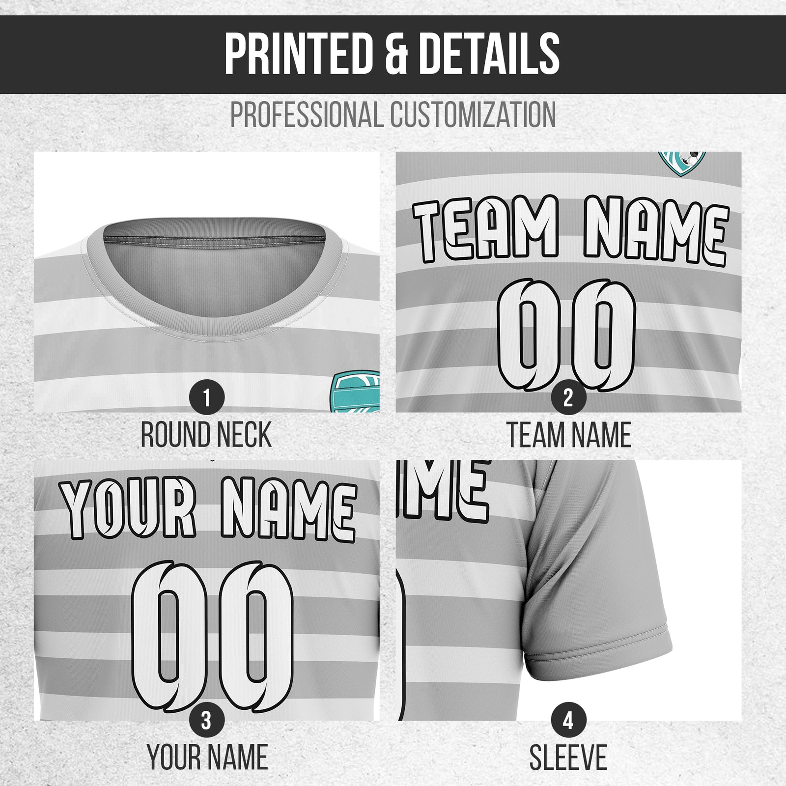 Soccer Jersey - Round Neck - Stripes - Design 2 - Grey