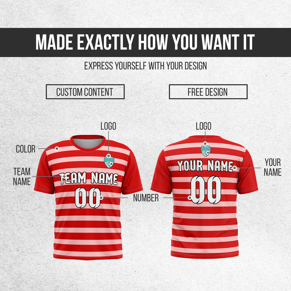 Soccer Jersey - Round Neck - Stripes - Design 2 - Red