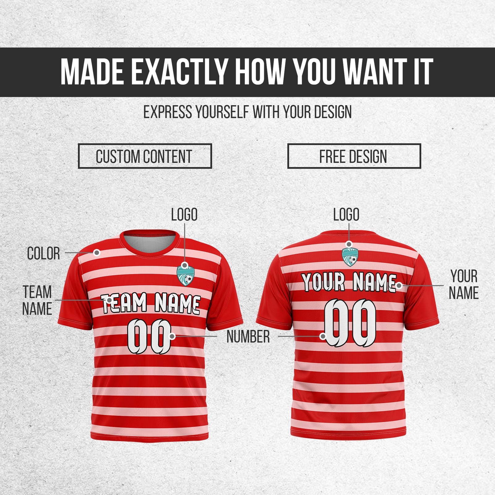 Soccer Jersey - Round Neck - Stripes - Design 2 - Red