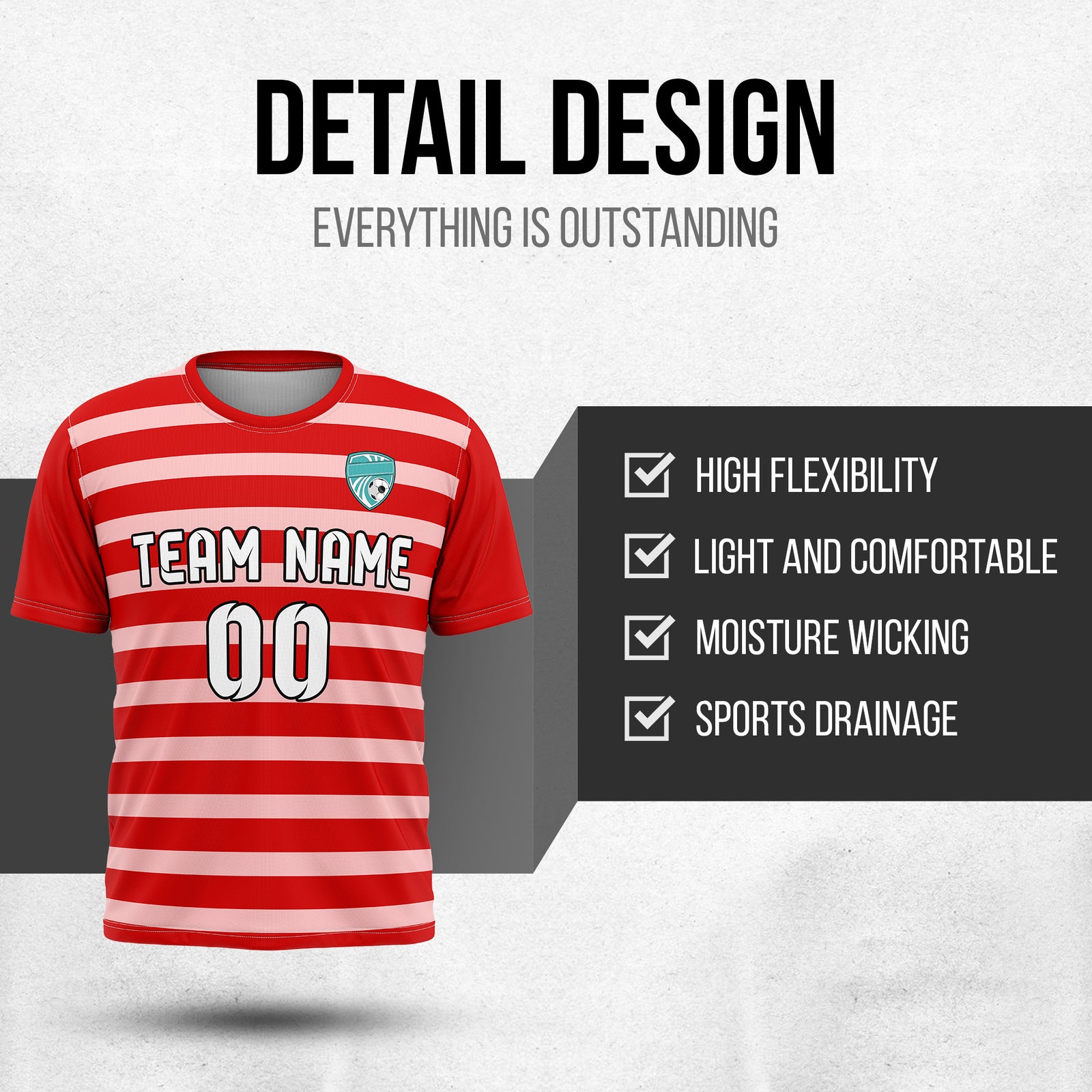 Soccer Jersey - Round Neck - Stripes - Design 2 - Red