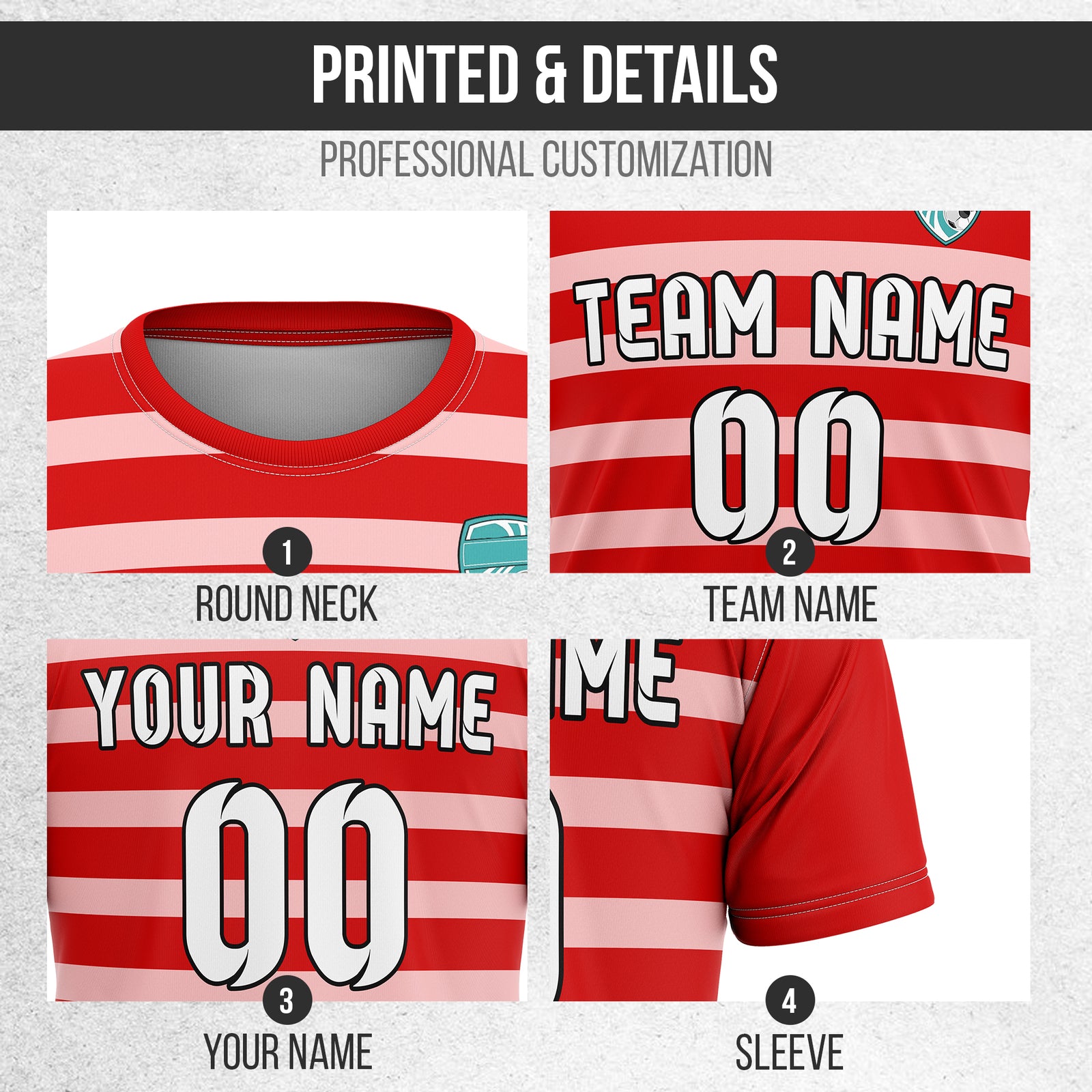 Soccer Jersey - Round Neck - Stripes - Design 2 - Red
