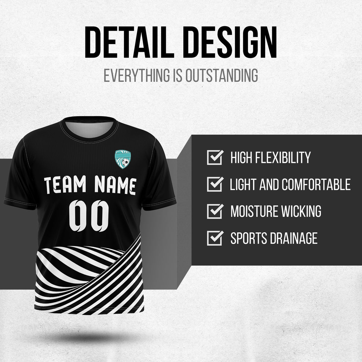 Soccer Jersey - Round Neck - Stripes - Design 4 - Black