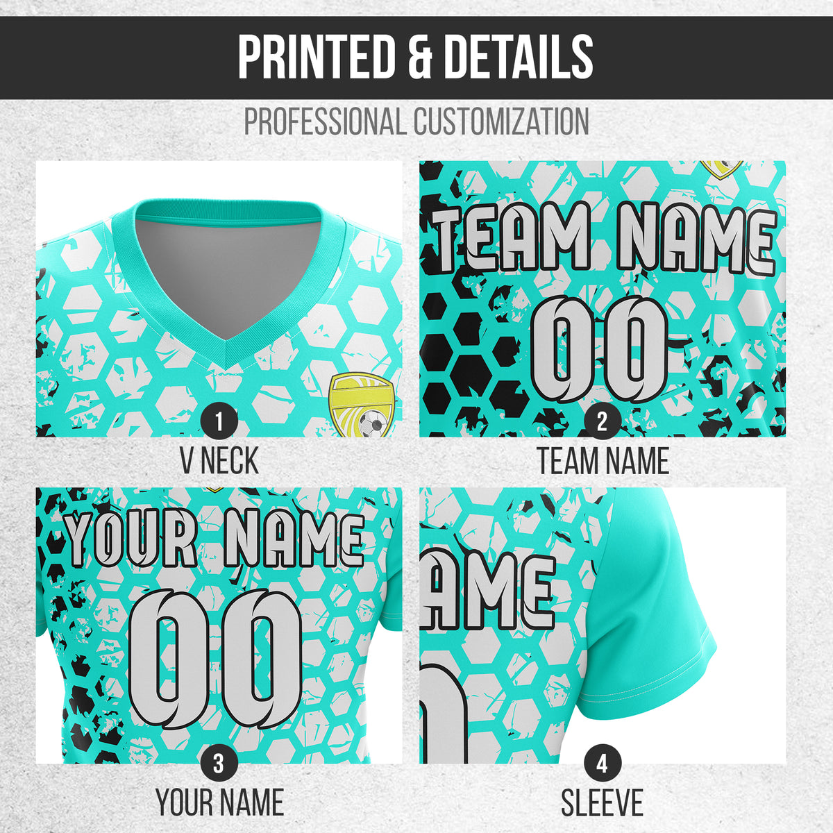 Soccer Jersey - V Neck - Full Pattern- Design 1 - Aqua