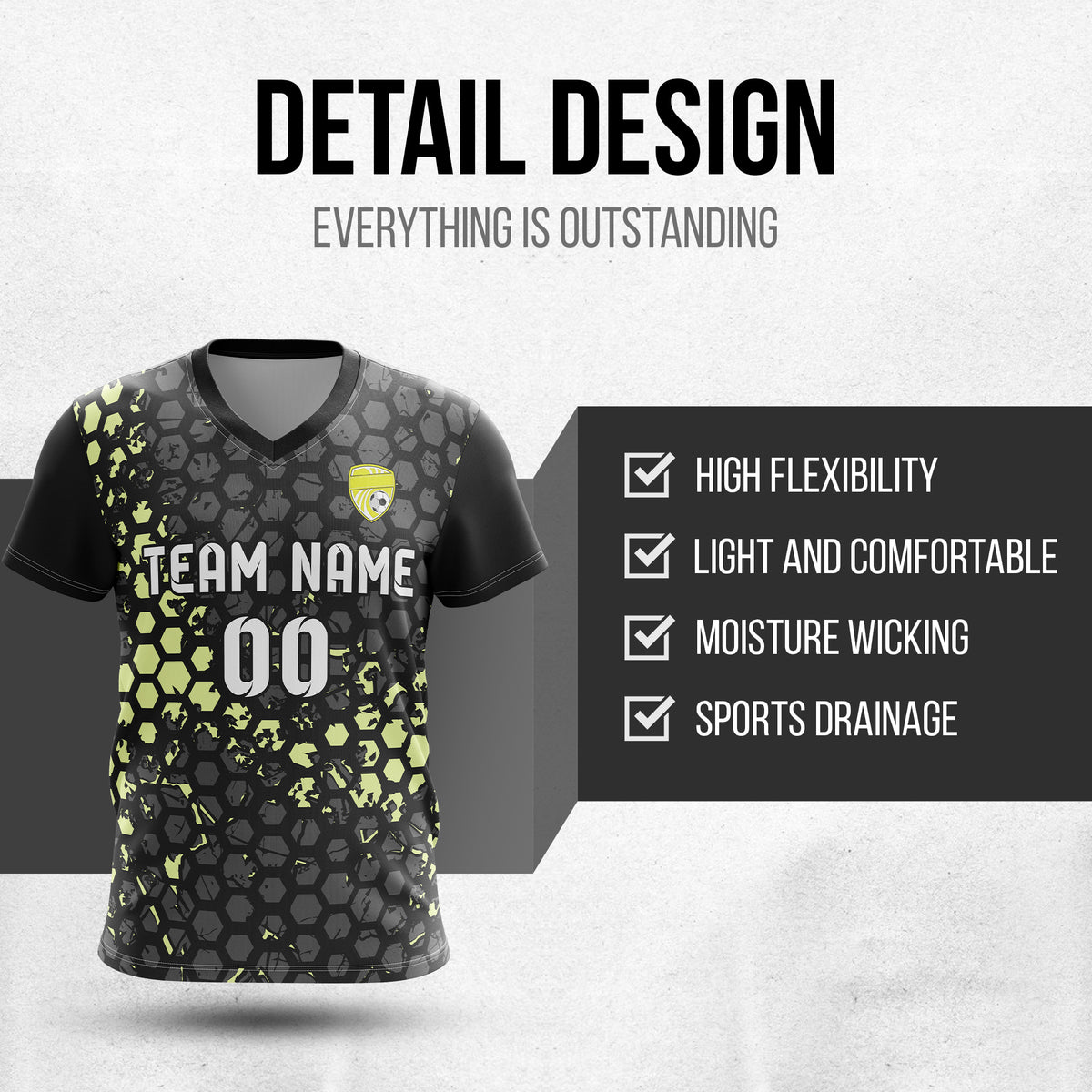 Soccer Jersey - V Neck - Full Pattern- Design 1 - Black