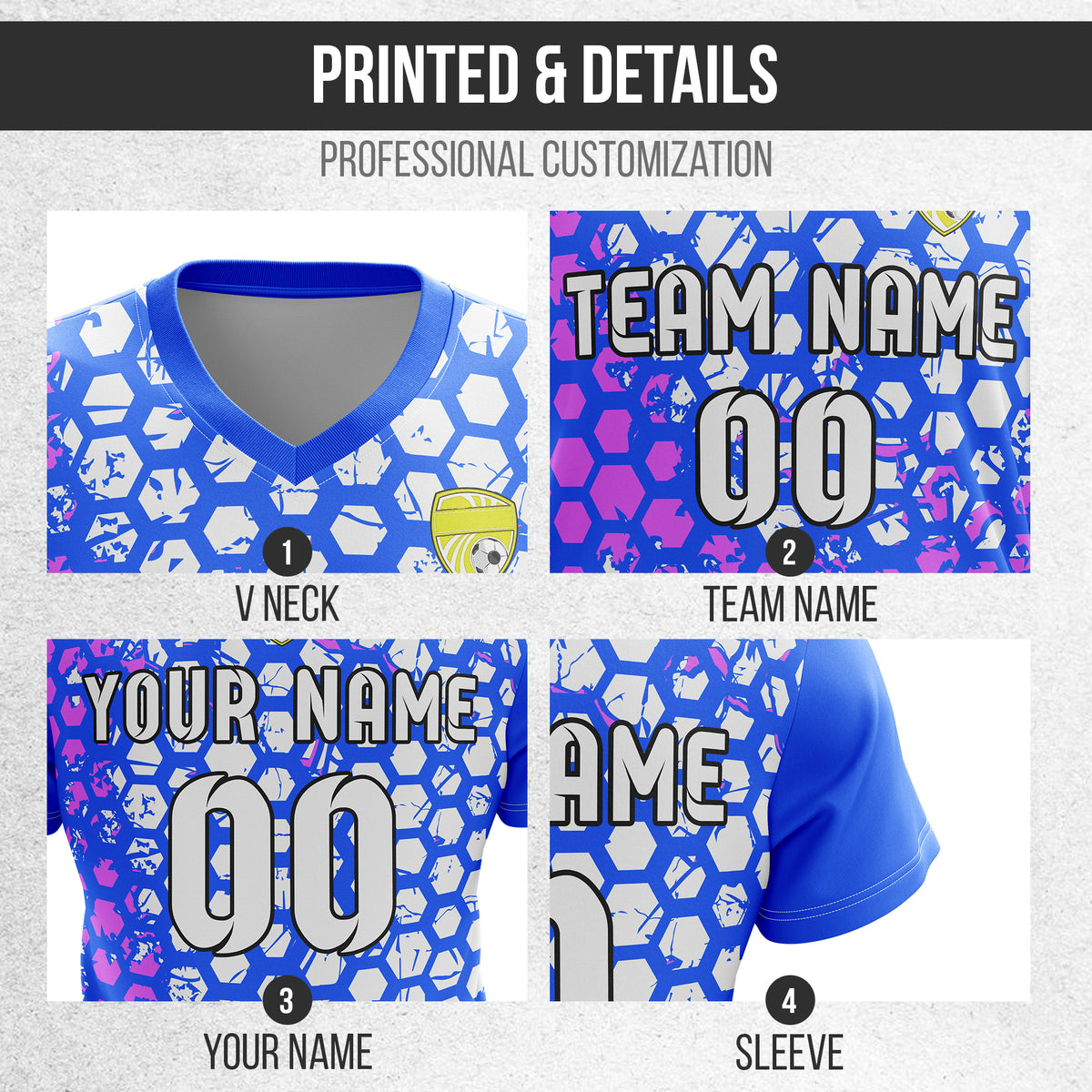 Soccer Jersey - V Neck - Full Pattern- Design 1 - Blue