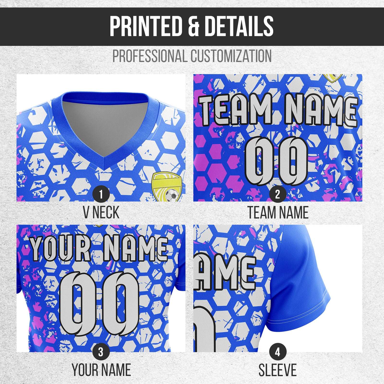 Soccer Jersey - V Neck - Full Pattern- Design 1 - Blue