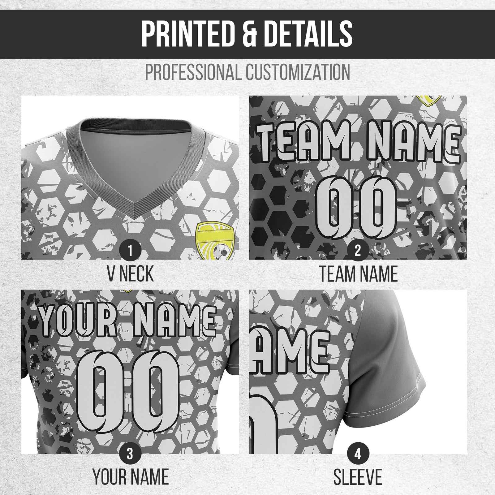 Soccer Jersey - V Neck - Full Pattern- Design 1 - Dark Grey