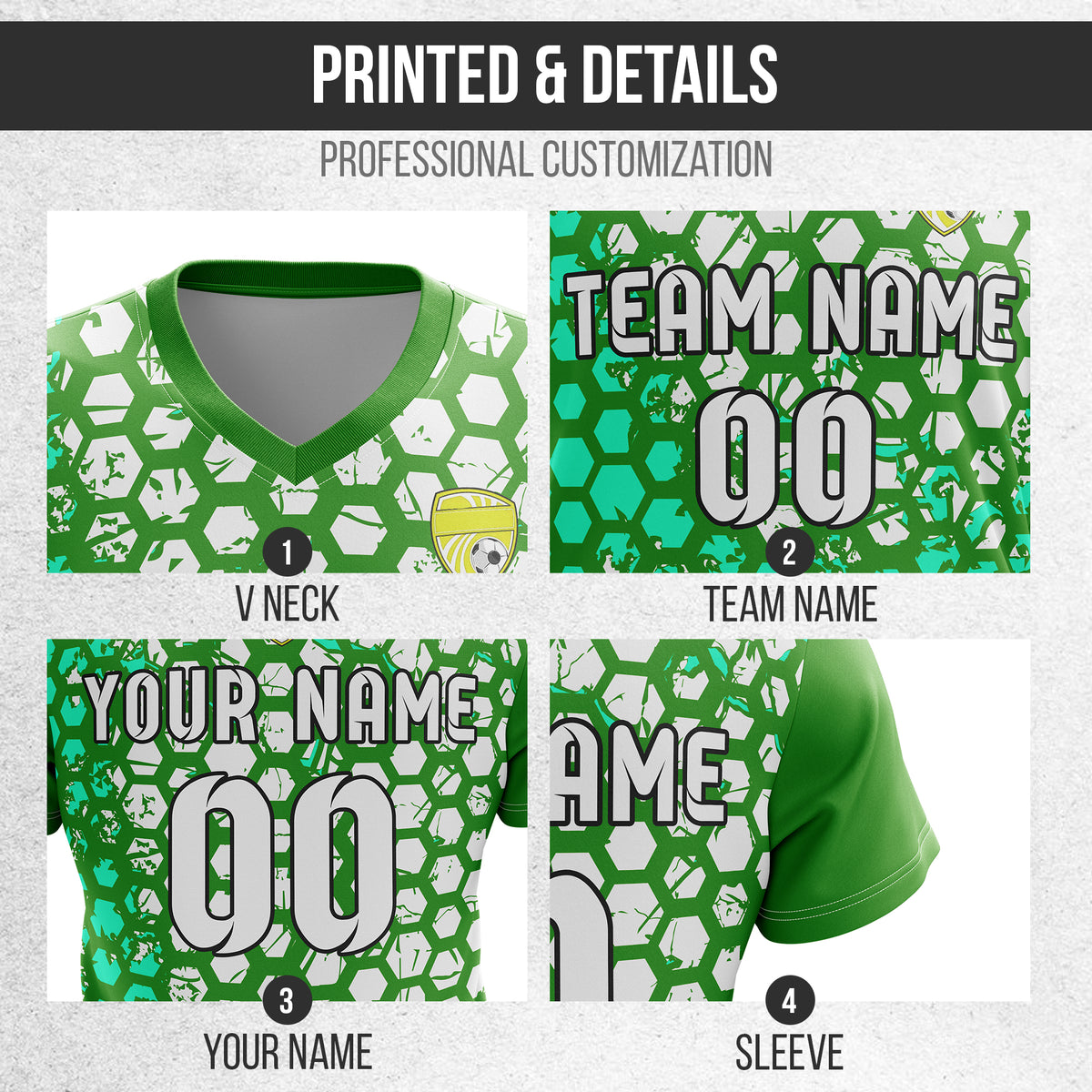 Soccer Jersey - V Neck - Full Pattern- Design 1 - Green